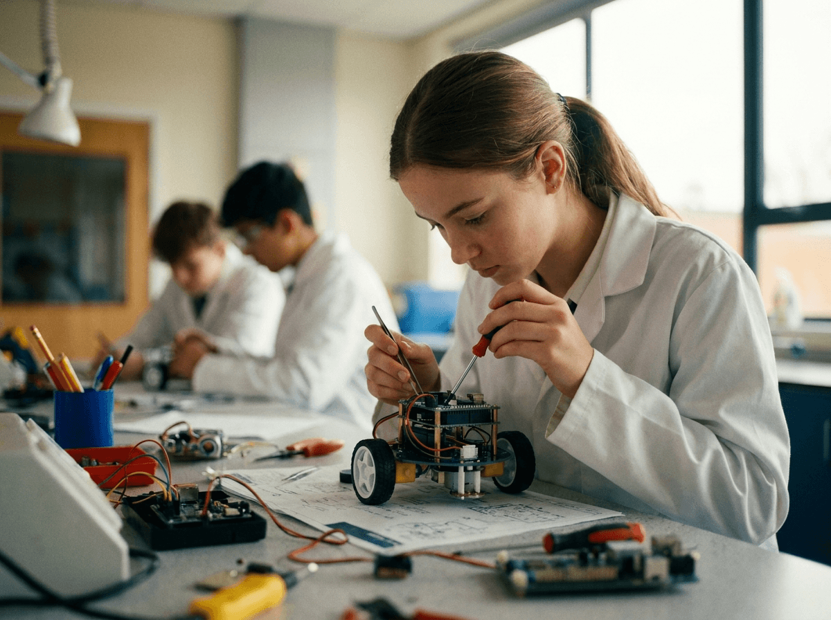 Students building a robotics project together in the lab