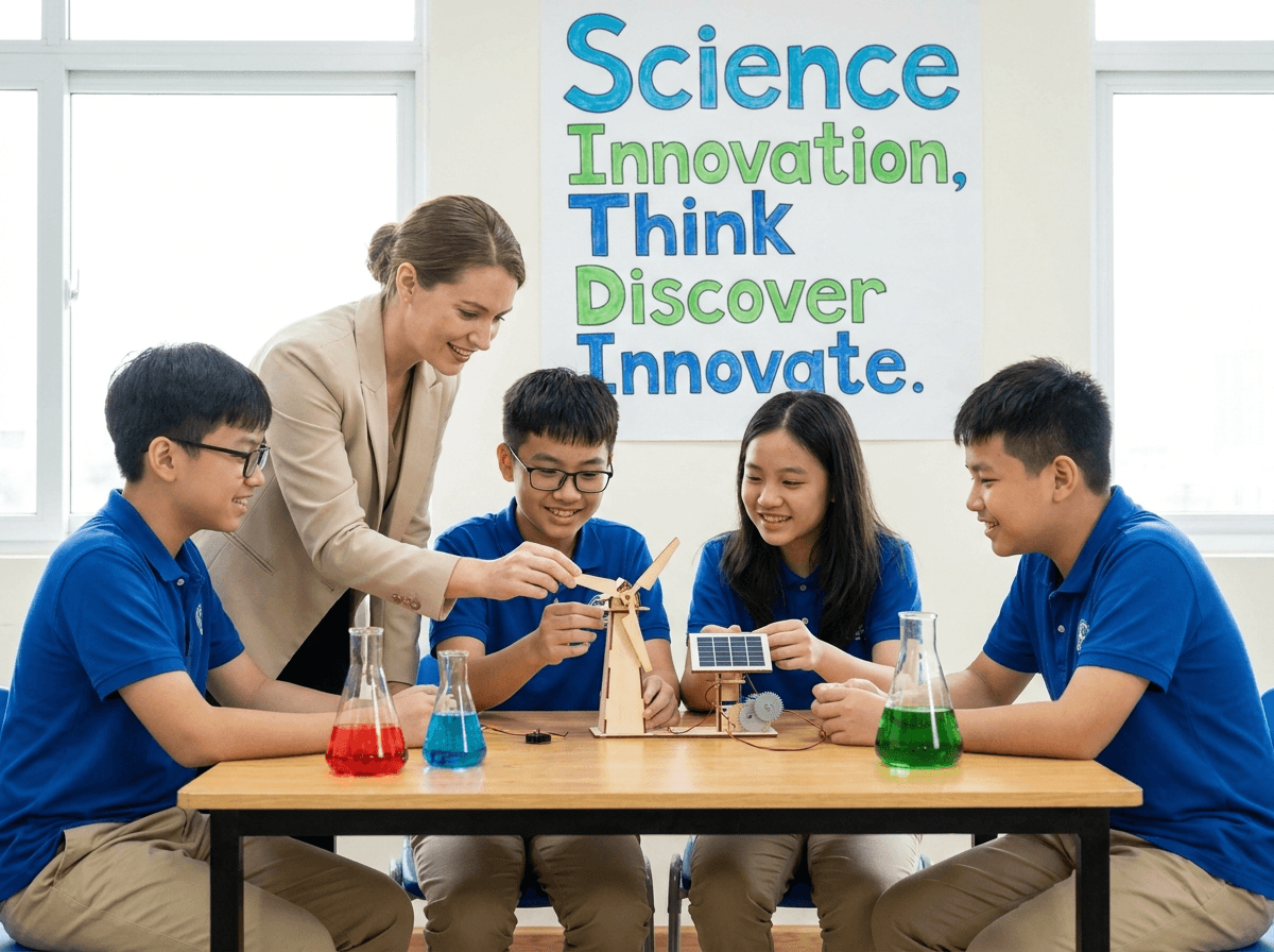 A mentor guiding students through a hands-on workshop project