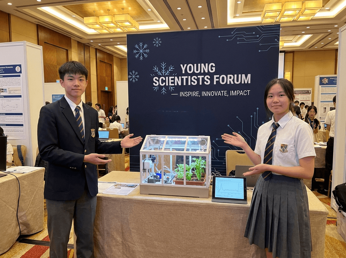 Students presenting their innovation project under the Young Scientists Forum banner